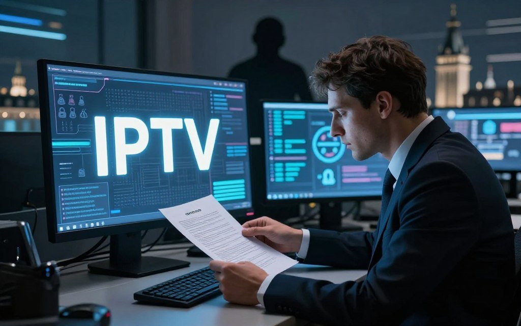 A complex scene illustrating the risks associated with IPTV in France, featuring a conceptual blend of legal and technical elements. In the foreground, a solemn business person in professional attire sits at a desk, analyzing legal documents related to IPTV regulations. The middle ground presents a digital screen displaying abstract graphics of streaming data and security symbols, with a shadowy figure representing cybersecurity threats lurking nearby. In the background, a blurred cityscape of Paris, incorporating recognizable landmarks, adds depth. The lighting is moody and dramatic, highlighting the tension in the scene, with contrasting shadows and a cool color palette. The atmosphere conveys a sense of urgency and caution, embedding the theme of legal risks in the digital age. A complex scene illustrating the risks associated with IPTV in France, featuring a conceptual blend of legal and technical elements. In the foreground, a solemn business person in professional attire sits at a desk, analyzing legal documents related to IPTV regulations. The middle ground presents a digital screen displaying abstract graphics of streaming data and security symbols, with a shadowy figure representing cybersecurity threats lurking nearby. In the background, a blurred cityscape of Paris, incorporating recognizable landmarks, adds depth. The lighting is moody and dramatic, highlighting the tension in the scene, with contrasting shadows and a cool color palette. The atmosphere conveys a sense of urgency and caution, embedding the theme of legal risks in the digital age.
