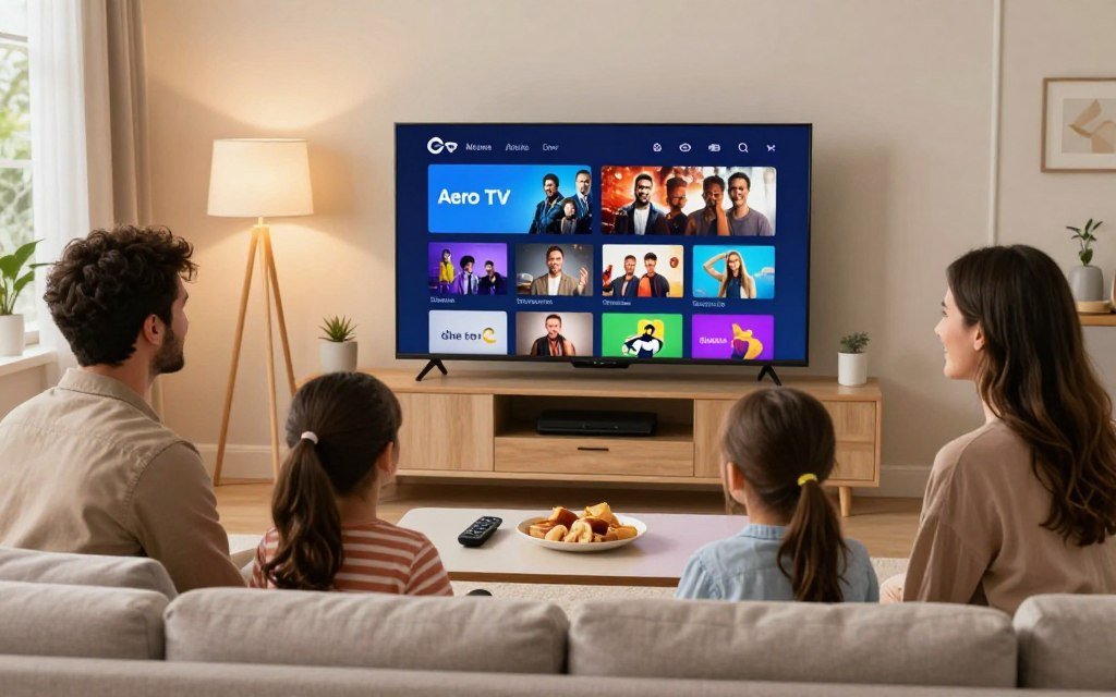 A cozy family living room, centered around a modern Smart TV displaying a vibrant IPTV streaming interface showing various channel categories like movies, sports, and news. In the foreground, a diverse family of four—parents and two children—are comfortably seated on a stylish couch, dressed in casual but neat clothing, smiling and focused on the screen. On a coffee table, remote controls and snacks create a relaxed atmosphere. The background features soft lighting from a stylish lamp and warm, inviting colors on the walls. A window reveals a pleasant outdoor scene, adding a touch of life. The overall mood is engaging and family-friendly, highlighting the convenience and enjoyment of watching all channels via Aero TV IPTV. A cozy family living room, centered around a modern Smart TV displaying a vibrant IPTV streaming interface showing various channel categories like movies, sports, and news. In the foreground, a diverse family of four—parents and two children—are comfortably seated on a stylish couch, dressed in casual but neat clothing, smiling and focused on the screen. On a coffee table, remote controls and snacks create a relaxed atmosphere. The background features soft lighting from a stylish lamp and warm, inviting colors on the walls. A window reveals a pleasant outdoor scene, adding a touch of life. The overall mood is engaging and family-friendly, highlighting the convenience and enjoyment of watching all channels via Aero TV IPTV.