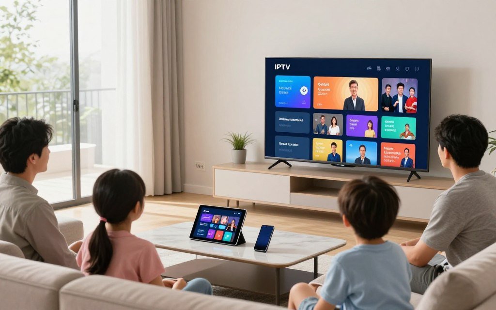 A dynamic scene showcasing a modern living room with a Smart TV displaying a vibrant IPTV streaming interface, featuring an organized channel categories menu. In the foreground, a family engaged in a pleasant viewing experience, with diverse individuals of varying ages dressed in casual yet modest clothing. The middle layer includes a sleek coffee table with a tablet and smartphone, indicating the compatibility of the service on multiple devices. In the background, large windows allow natural light to flood the space, creating a warm and inviting atmosphere. The image is captured at a slight angle, emphasizing both the technology and the connection among the viewers, promoting a sense of togetherness and entertainment. A dynamic scene showcasing a modern living room with a Smart TV displaying a vibrant IPTV streaming interface, featuring an organized channel categories menu. In the foreground, a family engaged in a pleasant viewing experience, with diverse individuals of varying ages dressed in casual yet modest clothing. The middle layer includes a sleek coffee table with a tablet and smartphone, indicating the compatibility of the service on multiple devices. In the background, large windows allow natural light to flood the space, creating a warm and inviting atmosphere. The image is captured at a slight angle, emphasizing both the technology and the connection among the viewers, promoting a sense of togetherness and entertainment.