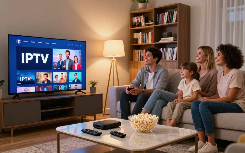 A modern and inviting living room depicting a family gathered around a large LED TV, watching streaming content. In the foreground, show an elegant coffee table with various streaming device remotes, and a bowl of popcorn. The middle ground features the family, dressed in casual yet neat clothing, laughing and enjoying their time while sitting on a comfortable sofa. The background consists of a stylish bookshelf filled with DVDs and books about legal IPTV solutions and cultural content. Soft, warm lighting emanates from the lamps, creating a cozy atmosphere that suggests legal alternatives for IPTV and streaming in France. The room’s decor should reflect a contemporary design with touches of French elegance. A modern and inviting living room depicting a family gathered around a large LED TV, watching streaming content. In the foreground, show an elegant coffee table with various streaming device remotes, and a bowl of popcorn. The middle ground features the family, dressed in casual yet neat clothing, laughing and enjoying their time while sitting on a comfortable sofa. The background consists of a stylish bookshelf filled with DVDs and books about legal IPTV solutions and cultural content. Soft, warm lighting emanates from the lamps, creating a cozy atmosphere that suggests legal alternatives for IPTV and streaming in France. The room’s decor should reflect a contemporary design with touches of French elegance.