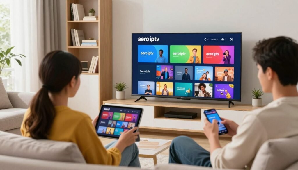 A modern living room setup showcasing a family gathered around a sleek Smart TV, displaying the "aero iptv" interface with channel categories prominently featured. In the foreground, a woman in casual clothing reaches for a tablet, while a man relaxes with a smartphone, both engaged in streaming content. The middle ground captures the vivid TV screen, filled with colorful channel thumbnails, while soft, natural lighting floods the space, creating a warm, inviting atmosphere. In the background, a stylish bookshelf and cozy couch enhance the homey feel, emphasizing the accessibility and convenience of watching preferred channels on various devices, with a focus on family connection through entertainment. A modern living room setup showcasing a family gathered around a sleek Smart TV, displaying the "aero iptv" interface with channel categories prominently featured. In the foreground, a woman in casual clothing reaches for a tablet, while a man relaxes with a smartphone, both engaged in streaming content. The middle ground captures the vivid TV screen, filled with colorful channel thumbnails, while soft, natural lighting floods the space, creating a warm, inviting atmosphere. In the background, a stylish bookshelf and cozy couch enhance the homey feel, emphasizing the accessibility and convenience of watching preferred channels on various devices, with a focus on family connection through entertainment.