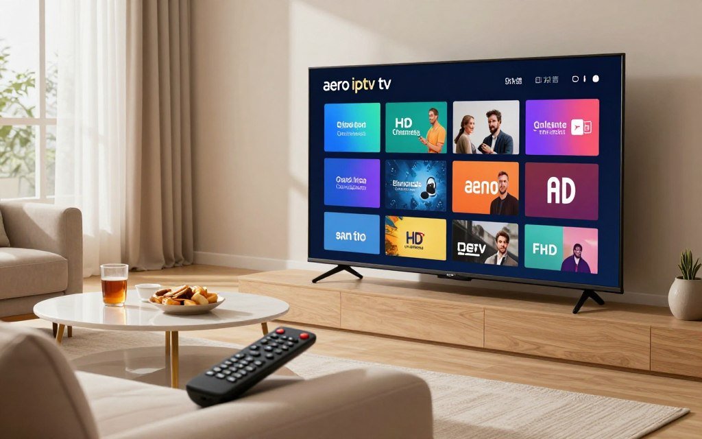 A sleek, modern living room with a large flat-screen Smart TV prominently displaying the "aero iptv tv" interface. The screen shows an array of colorful channel categories in a grid layout, highlighting the abundance of HD channels available. In the foreground, a cozy sofa with a remote control resting on the arm, suggesting relaxation and enjoyment. Soft natural lighting streams through a window, creating an inviting atmosphere. In the background, a stylish coffee table with snacks and drinks, enhancing the home viewing experience. The overall mood is warm and engaging, capturing the excitement of accessing thousands of channels with IPTV service. A sleek, modern living room with a large flat-screen Smart TV prominently displaying the "aero iptv tv" interface. The screen shows an array of colorful channel categories in a grid layout, highlighting the abundance of HD channels available. In the foreground, a cozy sofa with a remote control resting on the arm, suggesting relaxation and enjoyment. Soft natural lighting streams through a window, creating an inviting atmosphere. In the background, a stylish coffee table with snacks and drinks, enhancing the home viewing experience. The overall mood is warm and engaging, capturing the excitement of accessing thousands of channels with IPTV service.
