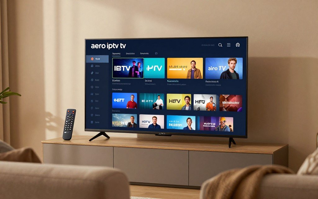 Neutral visuals showcasing an IPTV service interface for "aero iptv tv", set in a modern living room environment. In the foreground, a sleek Smart TV displaying the channel categories menu, featuring vivid thumbnails for popular HD channels. The middle layer includes a stylish remote control and a cozy sofa, emphasizing a relaxed viewing experience. In the background, soft ambient lighting creates a warm atmosphere, with subtle shadows enhancing the depth of the scene. A clear, wide-angle perspective captures the entire setup, evoking a sense of accessibility and comfort associated with the Aero TV subscription service. Neutral visuals showcasing an IPTV service interface for "aero iptv tv", set in a modern living room environment. In the foreground, a sleek Smart TV displaying the channel categories menu, featuring vivid thumbnails for popular HD channels. The middle layer includes a stylish remote control and a cozy sofa, emphasizing a relaxed viewing experience. In the background, soft ambient lighting creates a warm atmosphere, with subtle shadows enhancing the depth of the scene. A clear, wide-angle perspective captures the entire setup, evoking a sense of accessibility and comfort associated with the Aero TV subscription service.